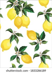 Lemon seamless vector pattern. Tropical fruit background. Summer exotic print. Hand drawn illustration. Botanical realistic eco pattern.