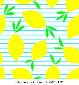 Lemon seamless vector pattern. Tropical fruit background. Summer exotic print. Hand drawn illustration. Botanical realistic eco pattern.