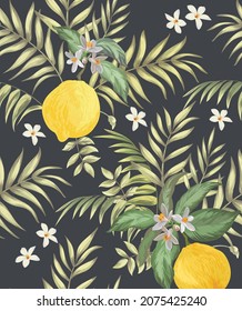 Lemon seamless vector pattern. Tropical fruit background. Summer exotic print. Hand drawn illustration. Botanical realistic eco pattern.