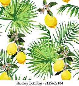 Lemon seamless vector pattern. Tropical fruit background. Summer exotic print. Hand drawn illustration. Botanical realistic eco pattern.