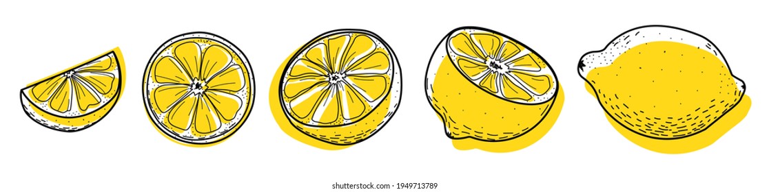 Lemon set. Abstract modern set of lemon icons, whole and sliced, isolated on a white background. For web, print, product design, lemon logo. Doddle, line, contour. Vector hand-drawn flat illustration.