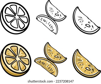 Lemon set. Abstract modern set of lemon icons, whole and sliced, isolated on a white background. For web, print, product design, lemon logo. Doddle, line, contour. Vector hand-drawn flat illustration.