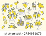 Lemon set with branch, fruit slice, tree, basket, bottle, and drink in hand drawn line work. Fresh produce and citrus theme for food and kitchen projects. Vector illustration