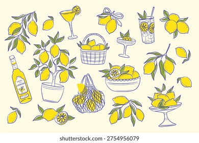 Lemon set with branch, fruit slice, tree, basket, bottle, and drink in hand drawn line work. Fresh produce and citrus theme for food and kitchen projects. Vector illustration