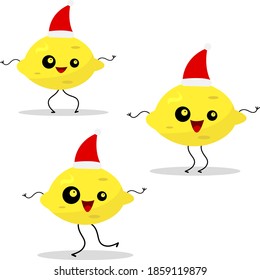 Lemon set of cartoon characters of tropical fruits dancing in red Santa hats on white background Christmas and winter holidays concept