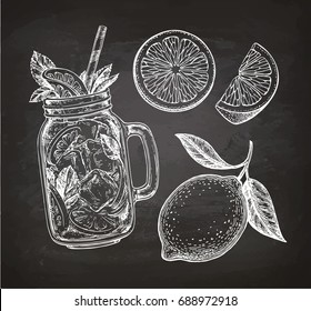 Lemon set. Chalk sketch on blackboard background. Hand drawn vector illustration. Retro style.