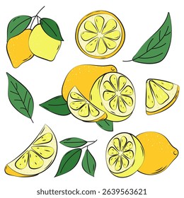 Lemon Set Doosle Hand Drawn. Whole Lemon Fruit with Leave, Lemon Slices and Cut. Tropical fruit slice, fresh green leaves, yellow lemons isolated on white Background. Organic lemonade juice Vitamin C.