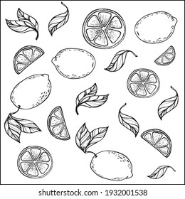 Juego de limón. Cítricos frescos, limones a medio corte y limón picado. Corte de limones de fruta y zest para jugo de limonada o vitamina C. Ilustración aislada