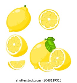 Lemon, Set of lemon half, whole, slice and leaves isolated on white background. Lemon vector illustration.