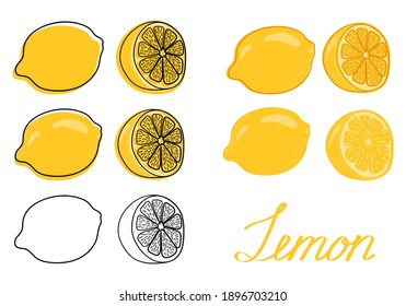 Lemon set. Hand drawn citrus fruits. Whole and half a lemon. Vector illustration. 