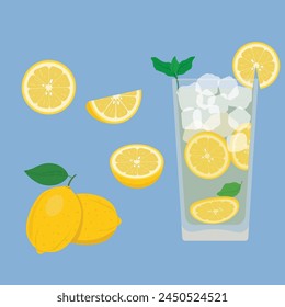 Lemon set illustration flat vector isolated on white background. Summer elements. Summer concept.