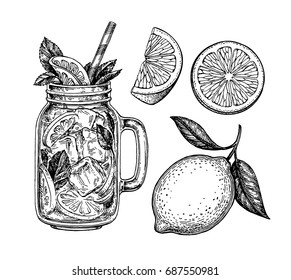 Lemon set. Isolated on white background. Hand drawn vector illustration. Retro style ink sketch.