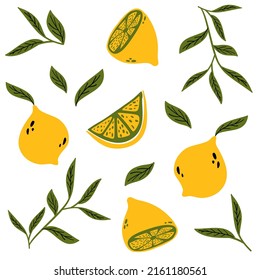 Lemon set. lemon and leaves. Abstract modern icon set of lemon, slice, isolated on white background. For web, print, product design. line, contour. Vector flat hand drawn illustration, pattern