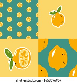 Zitronensatz, Paket mit 2 nahtlosen Mustern und 2 Aufklebern, Sammlung von farbigen Doodle-Elementen, tropischen Symbolen und Hintergründen