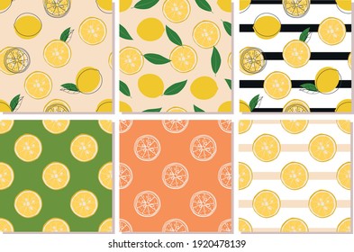  Lemon set pattern.Hand drawn colored Vector illustrations. Set of six Seamless Patterns. Background, wallpaper. For textile Prints or Wrapping paper