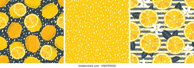 Lemon set of patterns: lemon halves, lemon fruits, leaves, flowers, slices, peel. Bright yellow and gray colors. Vector.