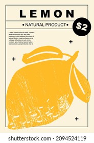 Lemon. Set of posters of fruits and citrus in a abstract draw design. Label or poster, price tag. Simple, flat design. Patterns and backgrounds. Perfect for poster, cover, banner.