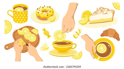 Lemon set. Lemon slices, tea, cup, lemon pie, donut, hands. Vector clipart.