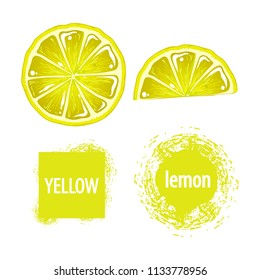Lemon set, slices and text, splash, vector illustration isolated on white background