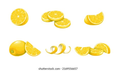 Lemon set vector illustration. Cartoon whole summer citrus fruit, cut in half, lemon slices and pieces for lemonade, yellow swirl zest, isolated fresh and sour food ingredient for cooking and eating