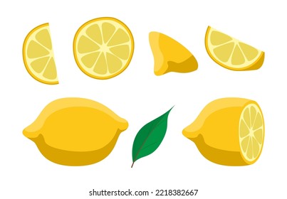Lemon set. Vector illustrations of sour yellow citrus fruit. Cartoon whole lemon with peel, cut in half, into slices and pieces isolated on white. Lemonade, juice, vegetarian fresh food concept