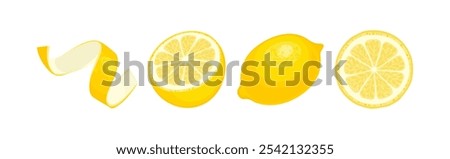 Lemon set. Whole citrus fruit, cut in half, slice and yellow zest. Vector cartoon food illustration.