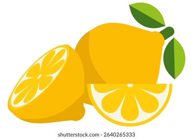 Lemon set. Whole lemon, lemon slice, and cut lemon. Flat style illustration for any design.