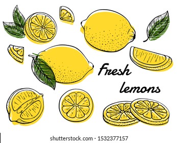 Lemon. Set yellow citrus. Fresh fruits. Whole lemon, slice, cut pieces, flower, plant leaves. Vector. Drawn freehand. Stylized line art illustration. Isolated on white background. Color.