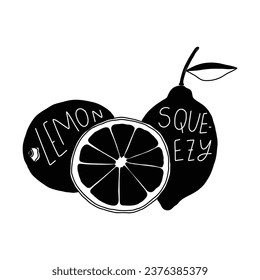 Lemon silhouette. Silhouette of lime, orange, lemon in black and white colors. Hand Drawn lemon isolated on white background. vector illustration. Black silhouette Lemon.