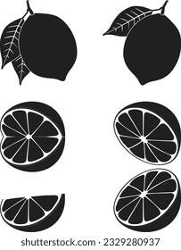 Lemon silhouette vector Set illustration. Half lemon or orange hand drawn on white background.