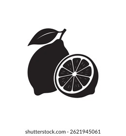 Lemon Silhouette Vector Whole and Sliced Lemon with Visible Inner Details on White Background