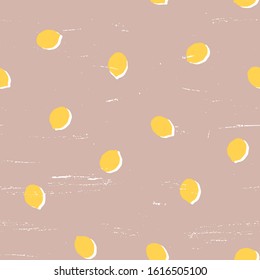 Lemon simple object seamless pattern with brush scratch texture on a dusty pink background for fabric or wallpaper. 