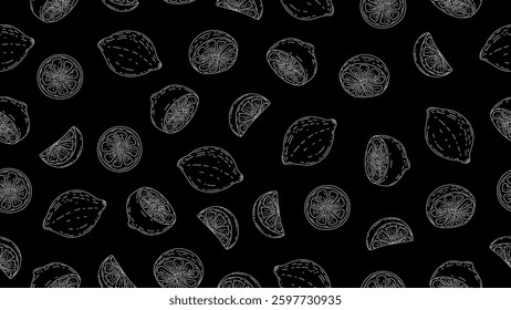 Lemon sketch background. Hand drawn lemon seamless pattern. Lemon motif on black board