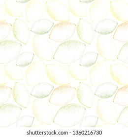 Lemon sketch pattern. Hand painted yellow lemons, seamless vector pattern on a transparent background. 