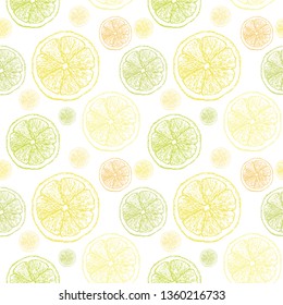 Lemon sketch pattern. Hand painted yellow lemons, seamless vector pattern on a transparent background. 