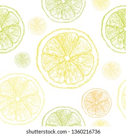 Lemon sketch pattern. Hand painted yellow lemons, seamless vector pattern on a transparent background. 