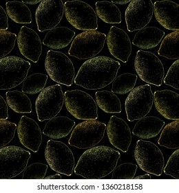 Lemon sketch pattern. Hand painted yellow lemons, seamless vector pattern on a black background. 