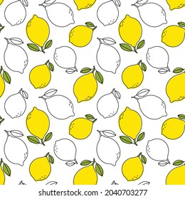 Lemon sketch seamless pattern. Citrus fruit with leaf. Color food vector illustration