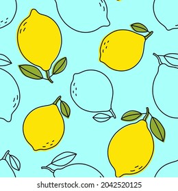 Lemon sketch seamless pattern. Citrus fruit with leaf. Color food vector illustration
