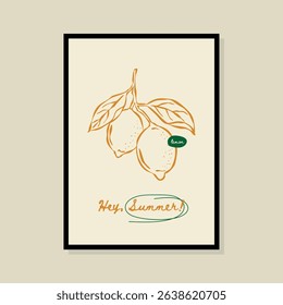 Lemon sketch style vector illustration in a poster frame. Art for print design, greeting card, postcards, branding, logo design.