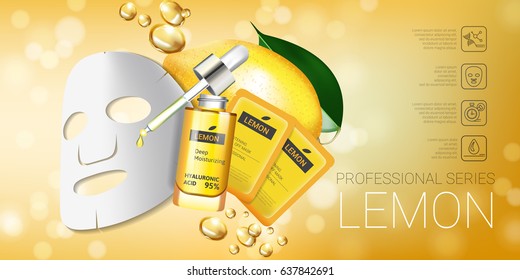 Lemon skin care mask ads. Vector Illustration with lemon whitening mask and packaging. Horizontal Banner.