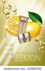 Lemon skin care series ads. Vector Illustration with lemon cream tube and container. Vertical poster.