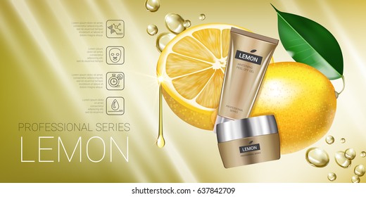 Lemon skin care series ads. Vector Illustration with lemon cream tube and container. Horizontal banner.