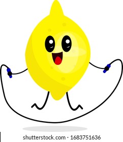 lemon and skipping rope active cartoon character tropical fruit laugh on white background food and vitamins concept