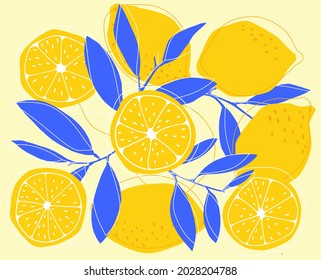 Lemon and slice background doodle hand drawn. Summer yellow fruit. Vector illustration 