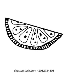 Lemon slice. Black and white illustration isolated on white background.