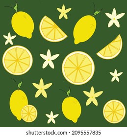limón, rebanada de limón, vector de flor de limón sobre un fondo verde. fondo de pantalla de limón