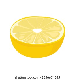 Lemon slice. Cartoon fresh citrus fruit half with pulp and peel, ripe yellow cut lemon, organic vegetarian food flat style. Vector illustration isolated on white background.