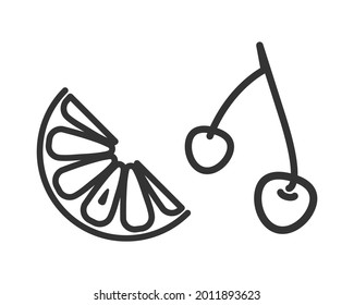 Lemon slice, cherry icon set. Black grey outline. White background. Vector