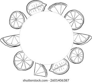 Fatia de limão círculo de moldura redonda desenho à mão de frutas. Ilustração em preto e branco com tinta de linha gráfica vetorial. Design, pacote, ilustração de brochura. 
